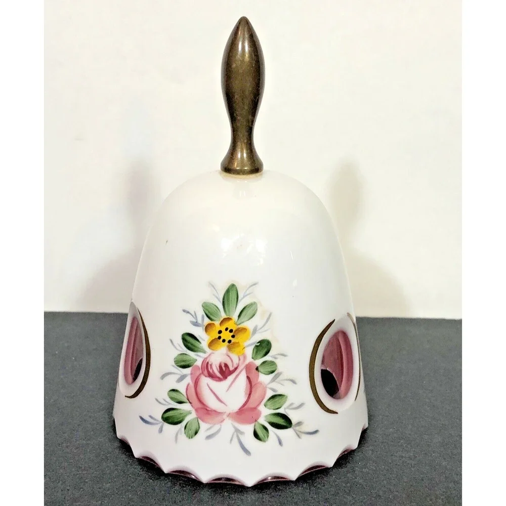 Hand Bell China with Brass Handle Pink Inside Cutouts Hand Painted Floral Design